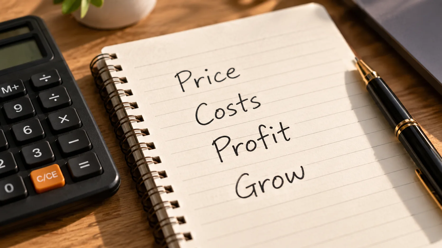 Notebook listing Price, Costs, Profit and Grow beside a calculator.