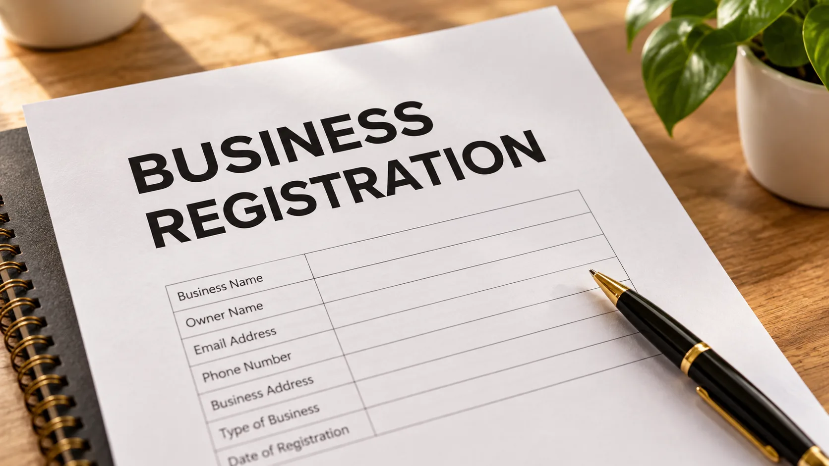 Business registration document on a desk.