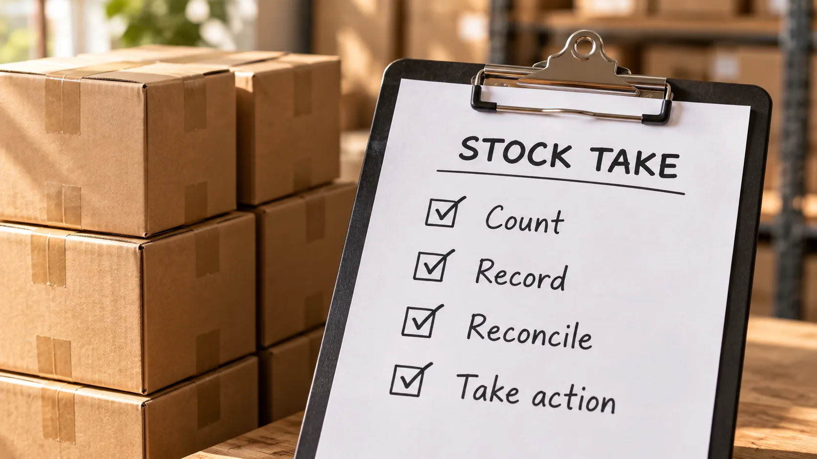 Stock take checklist beside inventory boxes.