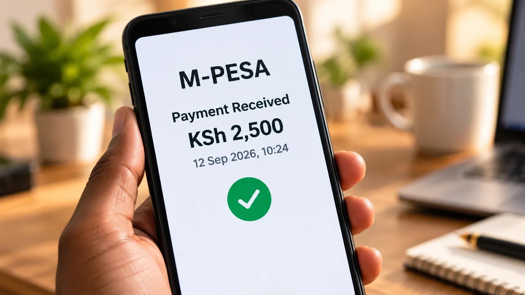 Phone showing a sample M-Pesa payment.