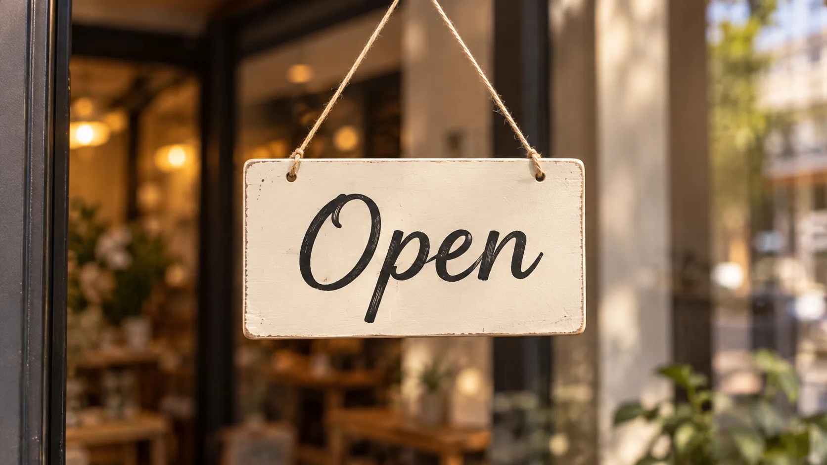 An Open sign hanging at a shop entrance.