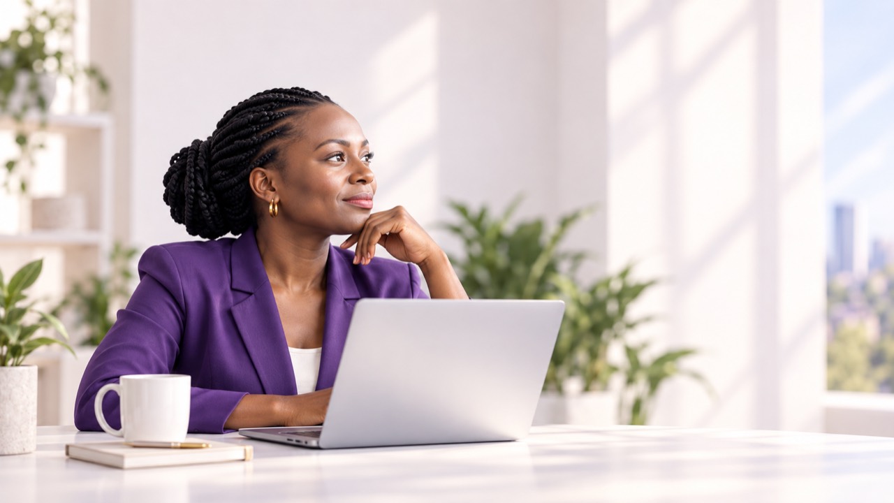 A Kenyan business owner in a purple blazer looking ahead from her sunlit workspace