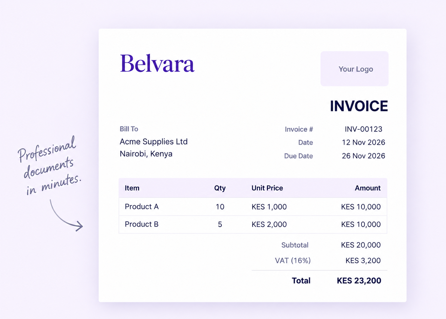 Sample Belvara invoice with item quantities, unit prices and amounts in Kenyan shillings.